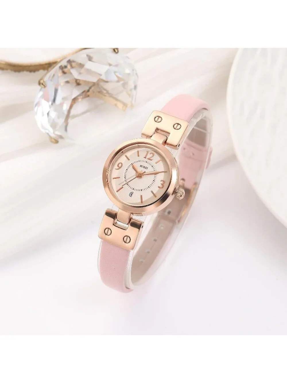 Women's White Pink Gold Elegant Dial with Leather Strap Minimalist Wrist Watches